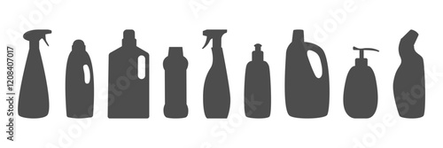 Cleaning product bottle silhouette collection. Detergent chemical cleanser container set. Simple black Household cleanup products icon isolated on white