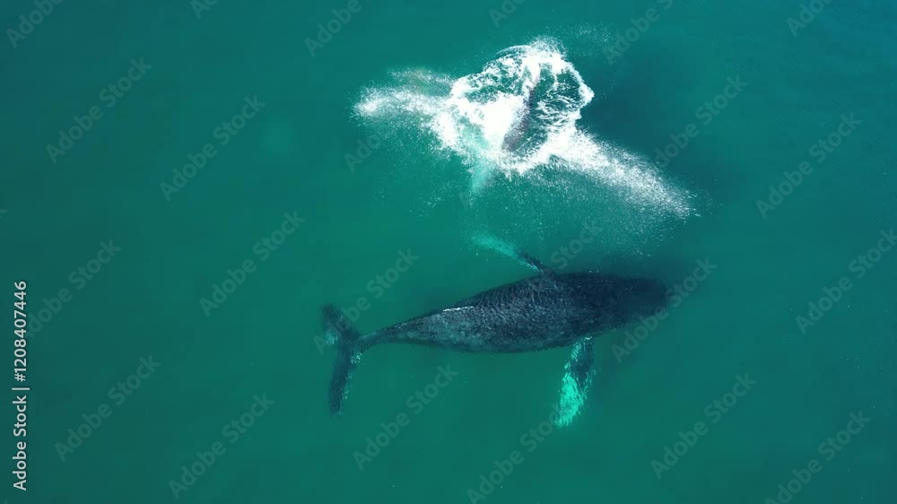 BALLENAS JOROBADAS SALTANDO MADRE E HIJA RECIEN NACIDA
