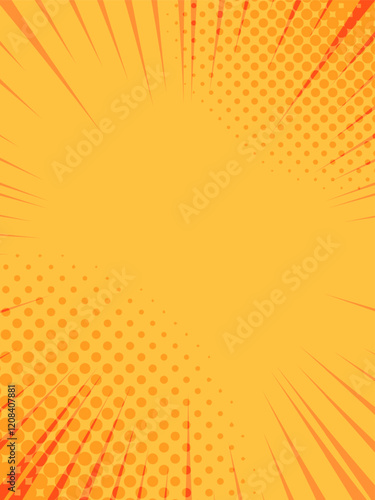 Orange radial zoom lines and halftone dots converging towards center, creating a vibrant and dynamic background suitable for comic books and graphic designs emphasizing speed and action