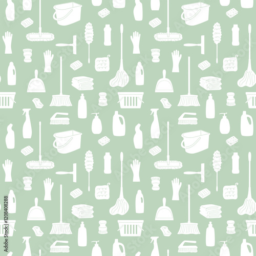 Seamless pattern with cleaning tools in eco friendly style. Cleaning supplies in minimalistic flat design. Cleanup accessories Brushes gloves mops detergent. Household background for print and design