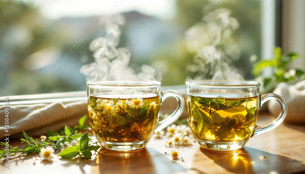 Calming Herbal Tea Selection: Steaming Chamomile and Peppermint Teas with Fresh Herbs and Natural Light Calming Herbal Tea Selection: Steaming Chamomile and Peppermint Teas with Fresh Herbs and Natural Light