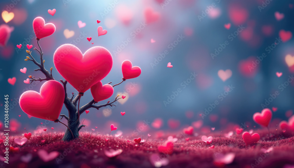 A tree with pink heart-shaped balloons attached to its branches, surrounded by a field of pink hearts. Be my valentine. A tree with pink heart-shaped balloons attached to its branches, surrounded by a field of pink hearts. Be my valentine.