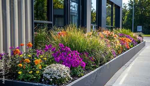 Well-maintained commercial landscaping with flowers and plants.
