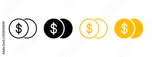 Dollar coin yellow icon. Cent pictogram. Finance currency symbol. Cash or change sign. Savings, salary, payment illustration.
