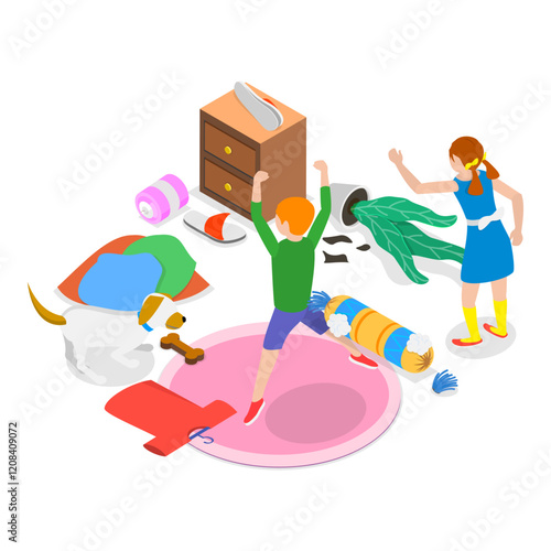 3D Isometric Flat Vector Illustration of Hyperactive Children , ADHD Signs and Symptoms. Item 1