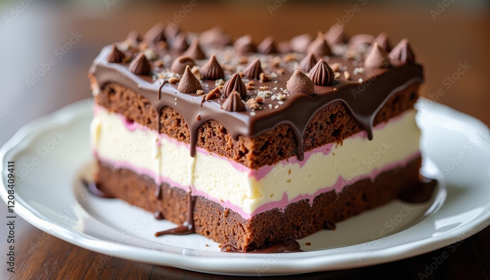 Decadent Chocolate Cake with Pink and White Frosting on a White Plate Against Blurred Background Decadent Chocolate Cake with Pink and White Frosting on a White Plate Against Blurred Background