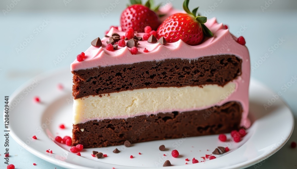 Delicious Rich Dark Chocolate Cake with Fresh Strawberries and Chocolate Chips on a White Plate Delicious Rich Dark Chocolate Cake with Fresh Strawberries and Chocolate Chips on a White Plate