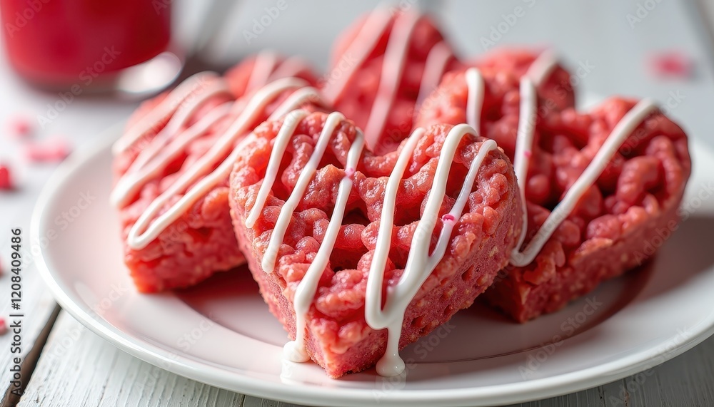 Heart-Shaped Red Rice Krispy Treats with White Icing on a Blurred Background Heart-Shaped Red Rice Krispy Treats with White Icing on a Blurred Background