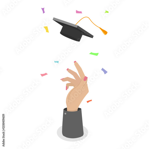 3D Isometric Flat Vector Set of Graduate Students, Peoples Hands Tossing Graduation Caps Up in Celebration. Item 4