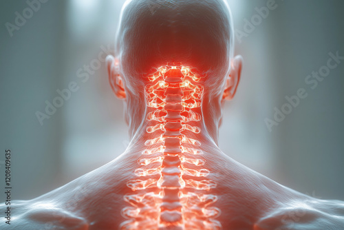 Cervical spine pain highlighted on x-ray of male back showing vertebrae photo