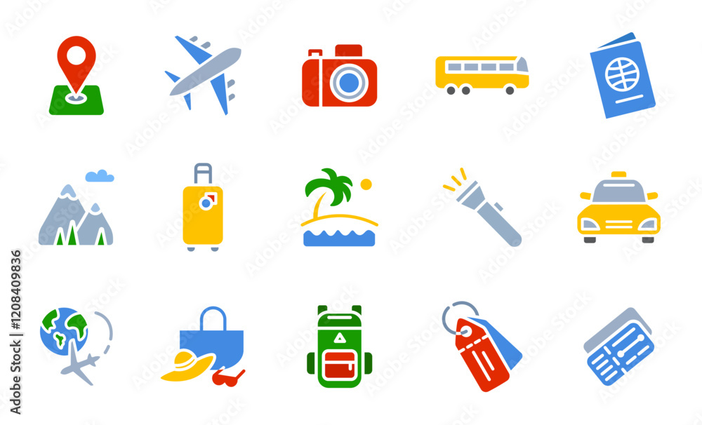 Travel journey color icon set. Plane flying around the world sign . Beach and mountain vacation symbol. Bus and taxi transport pictogram. Passport and tickets illustration. Travel journey color icon set. Plane flying around the world sign . Beach and mountain vacation symbol. Bus and taxi transport pictogram. Passport and tickets illustration.