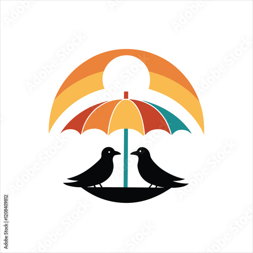 Birds Silhouette Under Colorful Light Umbrella Retro Vintage Illustration