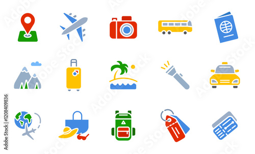 Travel journey color icon set. Plane flying around the world sign . Beach and mountain vacation symbol. Bus and taxi transport pictogram. Passport and tickets illustration.