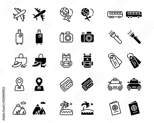Journey black icon set. Plane, bus and taxi transport sign . Beach and mountain vacation symbol. Travel backpack and sea bag pictogram. Passport and flying tickets illustration.