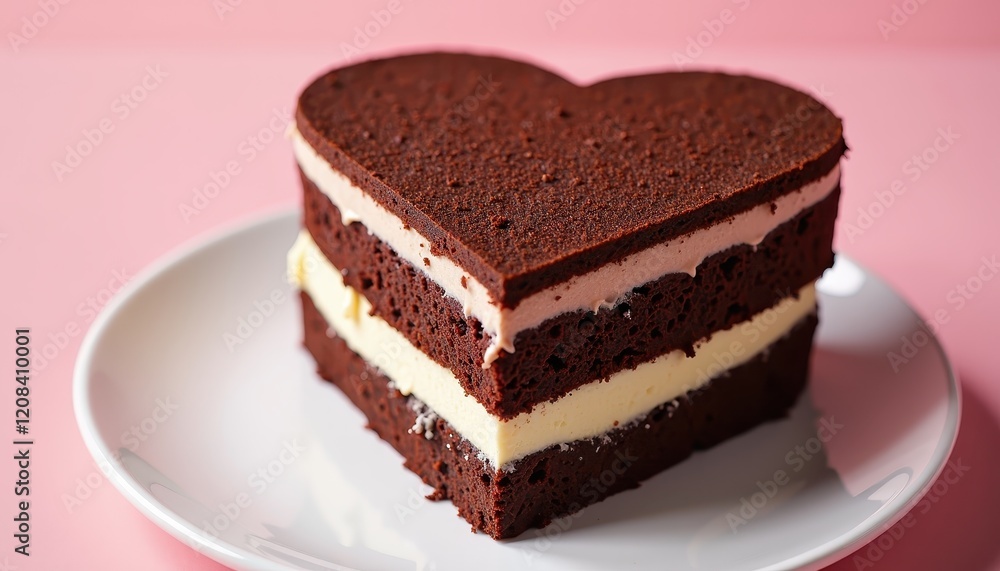 Heart-Shaped Chocolate Cake with Cream Filling on a Pink Plate Against a White Background Heart-Shaped Chocolate Cake with Cream Filling on a Pink Plate Against a White Background