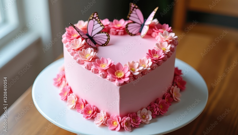 Heart-Shaped Pink Cake Decorated with Flowers and Butterflies on a White Plate Heart-Shaped Pink Cake Decorated with Flowers and Butterflies on a White Plate