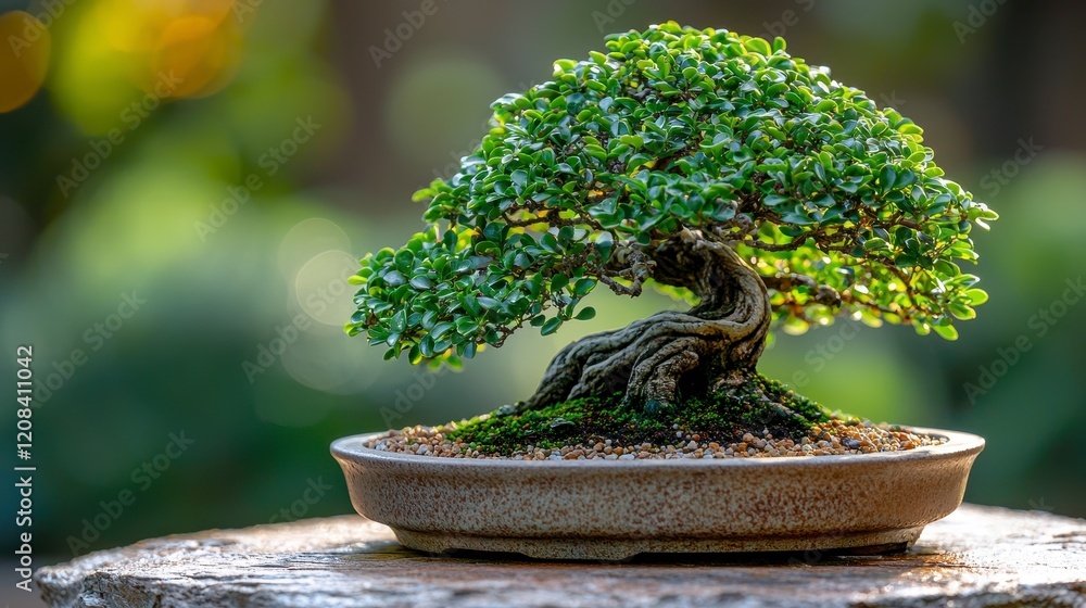 Lush green bonsai tree in a ceramic pot, outdoors. Lush green bonsai tree in a ceramic pot, outdoors.