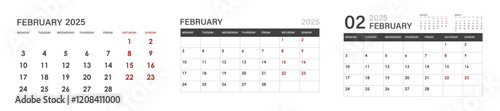 Calendar for February 2025. set of calendars for February.