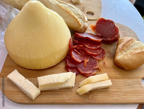 Spanish traditional cheese Queixo Tetilla, iberico ham, and baguette bread on a wooden cutting board. Protected designation of origin food photo