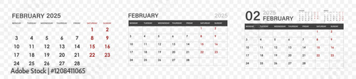 Calendar for February 2025. set of calendars for February.