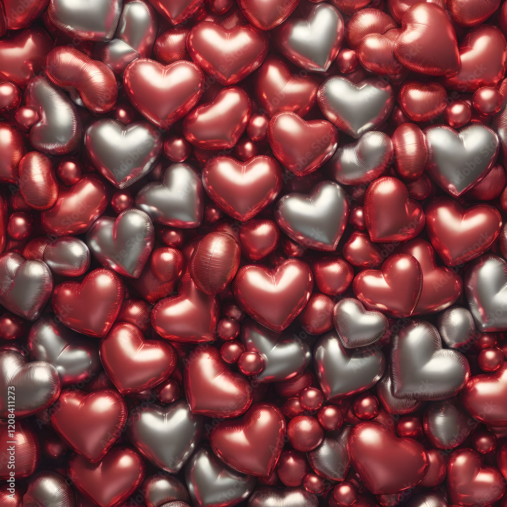 Globos metalizados en forma de corazón acumulados crean una textura de tonos rojos y plateado. Globos metalizados en forma de corazón acumulados crean una textura de tonos rojos y plateado.