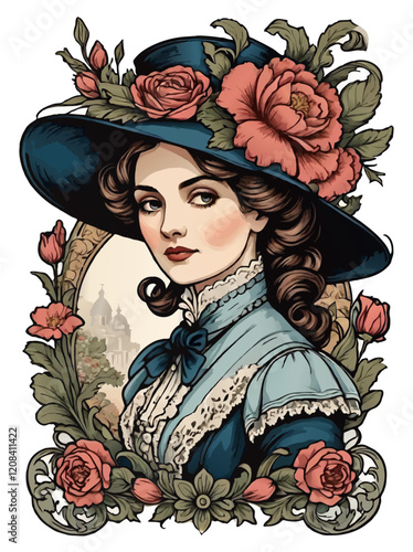 victorian woman with hat and floral frame cartoon vector illustration