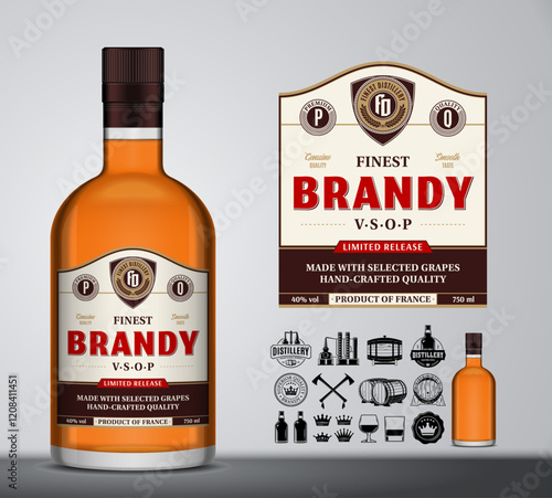 Vector brandy label template. Brandy glass bottle mockup. Distilling industry branding and identity design elements