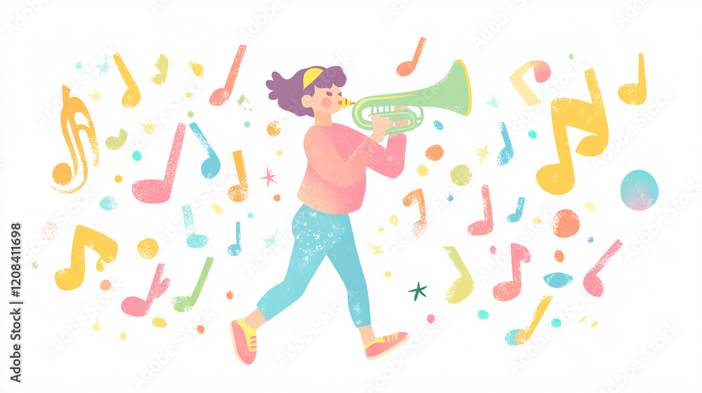 a person playing a trumpet with musical notes around them
a person playing a trumpet with musical notes around them