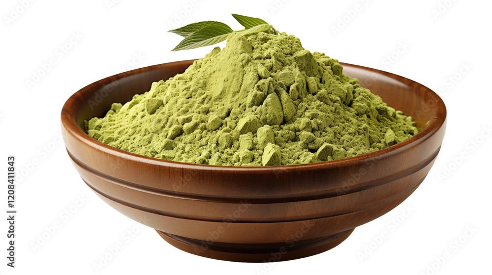 Matcha powder in a wooden bowl with soft light and rustic textures, studio view, isolated on transparent background. Matcha powder in a wooden bowl with soft light and rustic textures, studio view, isolated on transparent background.