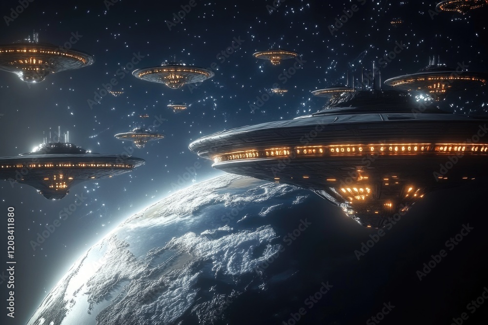 Obraz premium Group of spaceships soaring through the sky on an alien planet