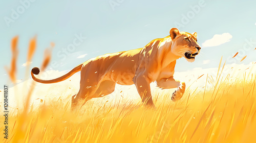 Generative ai illustration of side view of graceful wild lioness running on dry grassy meadow on sunny day in savanna. Wild Prairie. Illustration photo