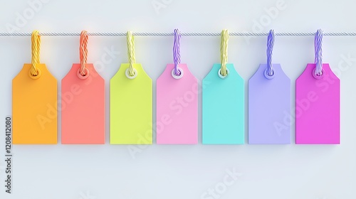 Colorful 3D blank tags with strings, ready for personalization, highlighting their versatility for organization and branding. photo