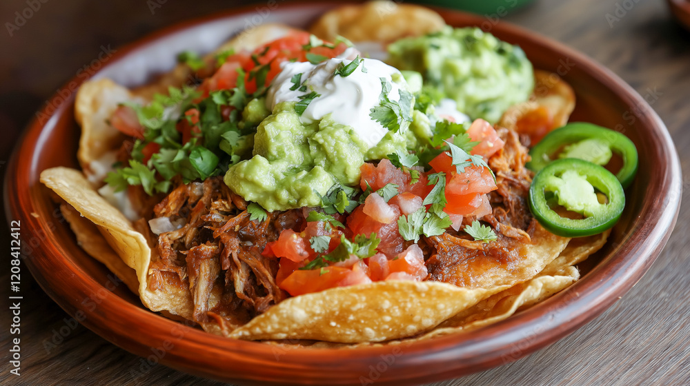 A plate of crispy Mexican taquitos, filled with tender shredded beef and fried to golden perfection, served with a side of tangy guacamole, fresh salsa, and a dollop of sour cream. A plate of crispy Mexican taquitos, filled with tender shredded beef and fried to golden perfection, served with a side of tangy guacamole, fresh salsa, and a dollop of sour cream.