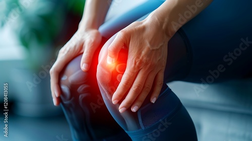 Woman suffers from pain in knee injury, tendon problems from a workout and osteoarthritis and articular inflammation, Woman suffering from pain in knee