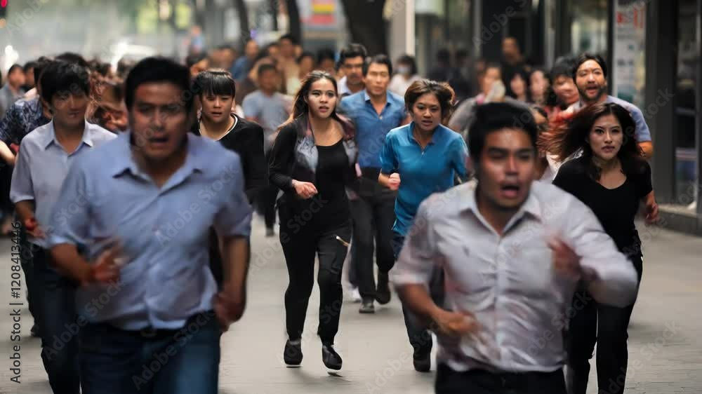 Large group of hispanic people running away in a latin american city because a disaster. Large group of people running desperately down a city street, screaming in fear