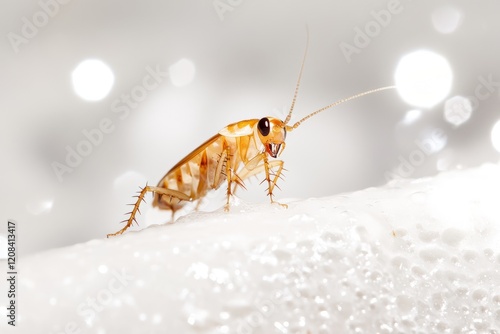 Cockroach on surfaces, food crumbs, and near water, symbolizing infestation and hygiene issues. photo