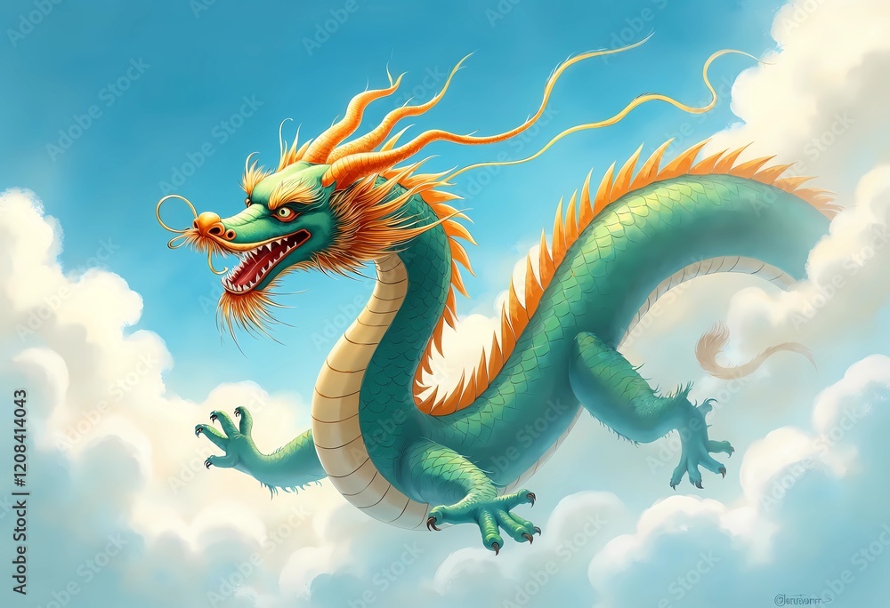 Obraz premium Majestic Dragon Soaring Through Fluffy Clouds on a Sunny Day