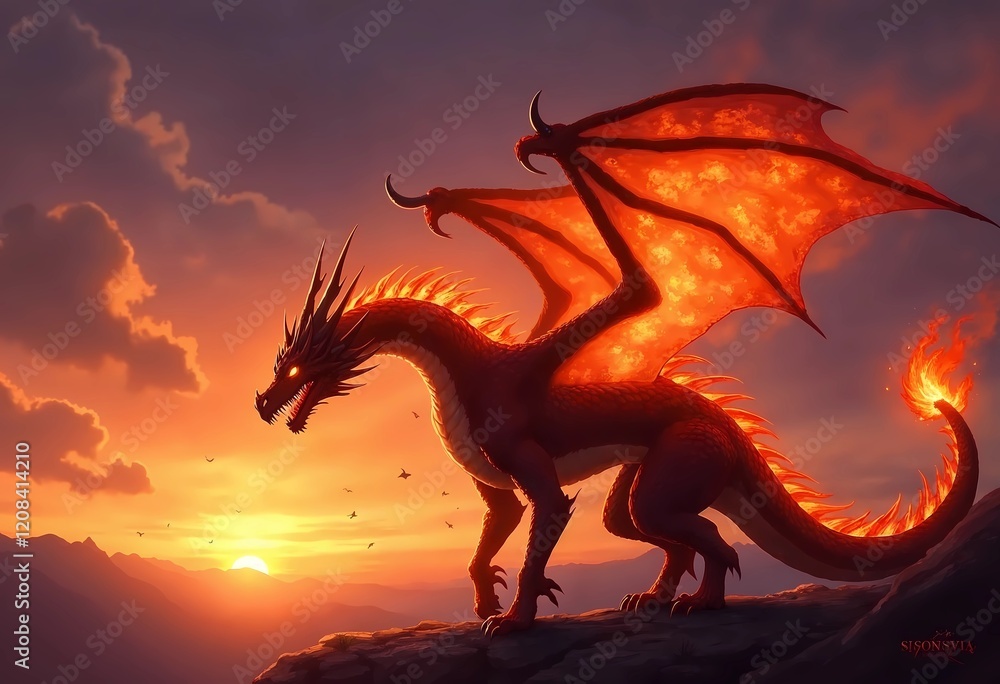 Majestic Dragon Perched Against a Fiery Sunset Over Distant Mountains Majestic Dragon Perched Against a Fiery Sunset Over Distant Mountains