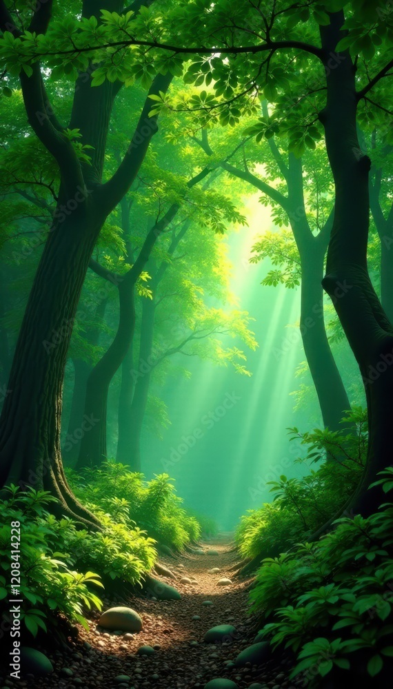 Obraz premium Deep emerald canopy, dappled sunlight filtering through, forest, leaves