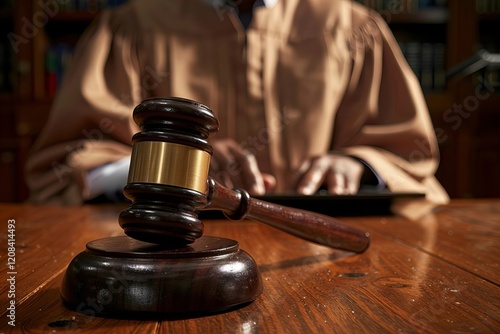 Close-up of Judge Using Laptop with Gavel on Wooden Desk photo