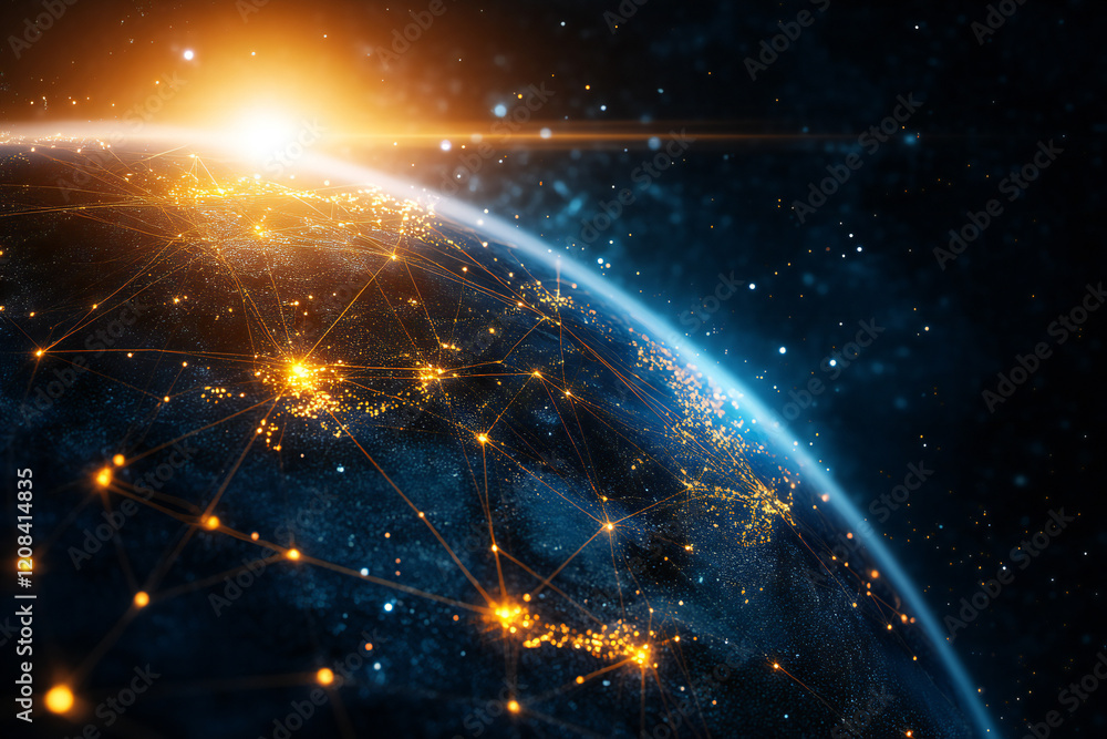 Obraz premium Futuristic Global Network with Digital Connections and Glowing Data Points in a Tech-Inspired Abstract Earth Design