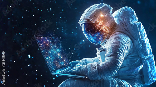 Fototapeta Naklejka Na Ścianę i Meble -  Astronaut completing daily progress report in space environment with starry background