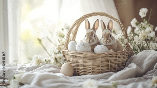 Adorable bunnies and decorative easter eggs in a basket among spring flowers
