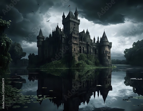 Dark Castle Reflecting on Still Waters: A Gothic Masterpiece