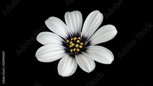 Close-up shot of a single white flower on a dark, contrasting black background