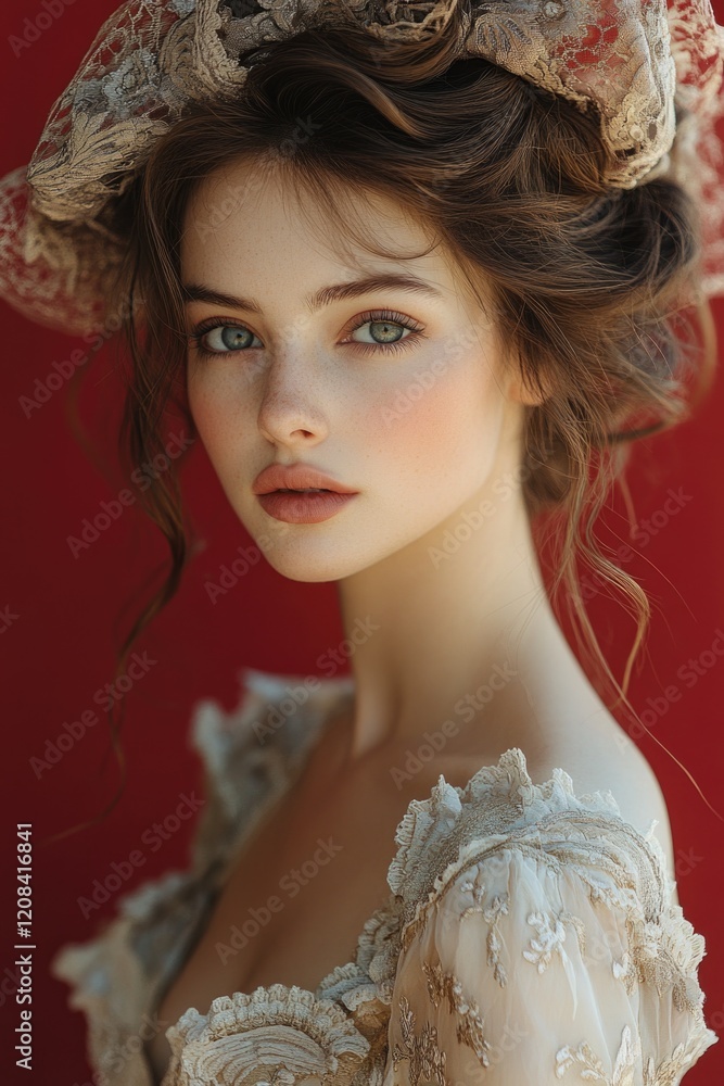Fototapeta premium A woman posing for a photograph in a dress and hat, formal attire