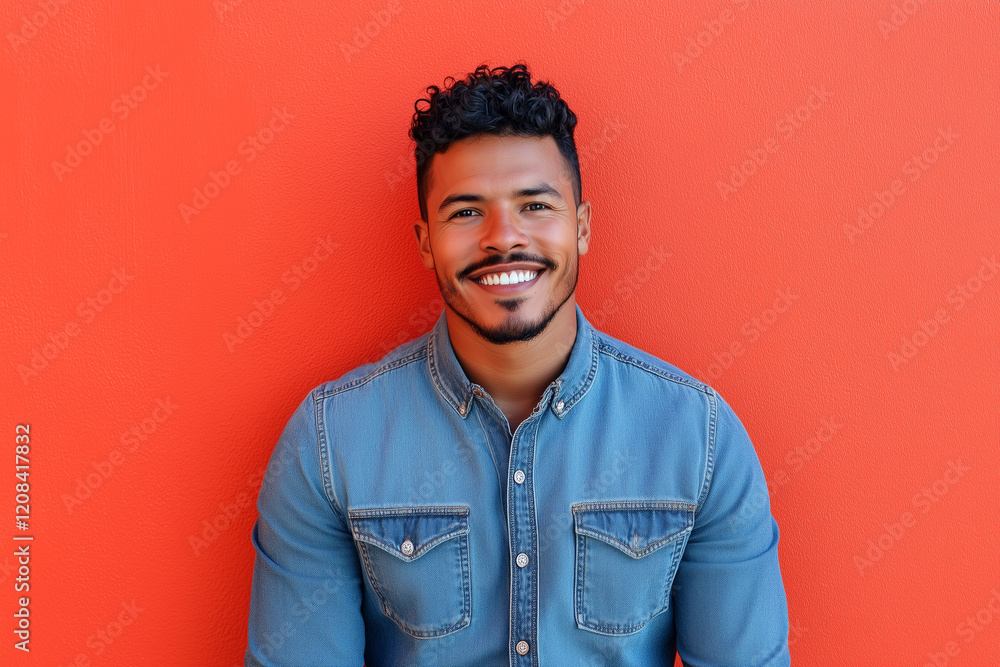 Fototapeta premium A man with a beard and a blue shirt is smiling at the camera