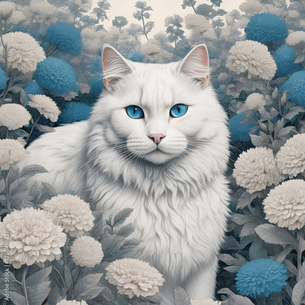 Fototapeta premium White cat with blue eyes and flowers 