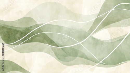 Abstract green watercolor waves, beige background, calming design, website banner