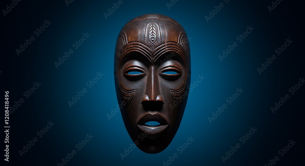 Intricate dark wooden African tribal mask. Ancient carved art. Intricate dark wooden African tribal mask. Ancient carved art.